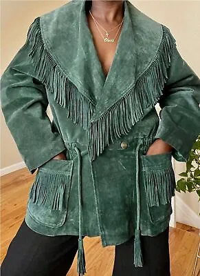 Vintage Western Learher Suede Fringe Green Coat Jacket Cowboy Size Small • $80