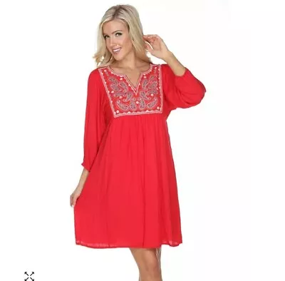 White Mark Marcella Dress Womens M Red Embroidered Boho 3/4 Balloon Slv Lined • $14.88