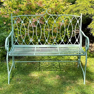 Pistachio Button Garden Bench Green 2 Seat Metal French Country Outdoor Chair • £140