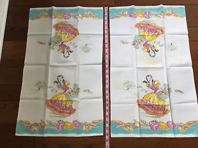 Vintage Dish Towels Matched Pair Vtg. 40s-50s Lady Garden Veg Turquoise Border • $24