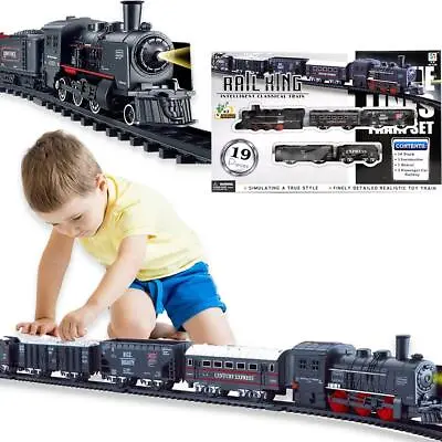 Classic Toy Train Set With Track Battery Operated Carriages Engine Light Sound • £14.98