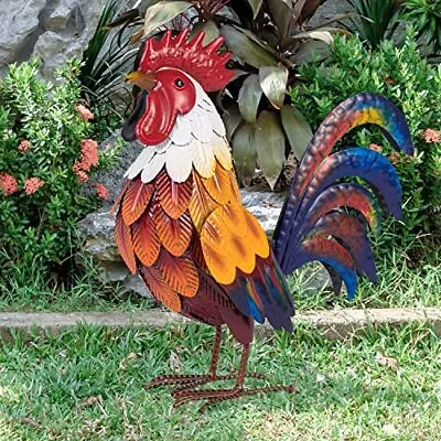 Metal Rooster Garden Statues & Sculptures Chicken Yard Art Decor Standing An... • $53.96