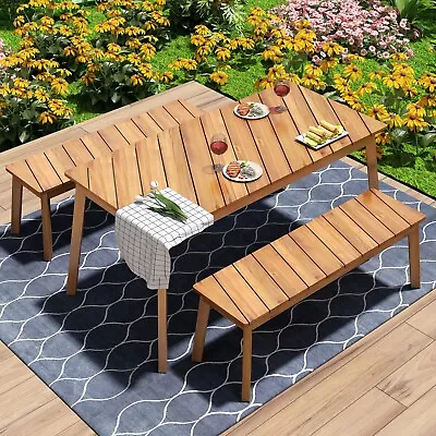 3PCS Acacia Wood Patio Dining Set For Outdoor & Indoor Furniture W/ 2 Benches • $334.31