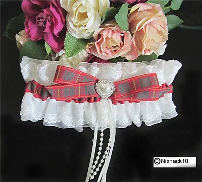 Wedding  Garter Ivory Cameron Tartan Diamante Heart • £13.50