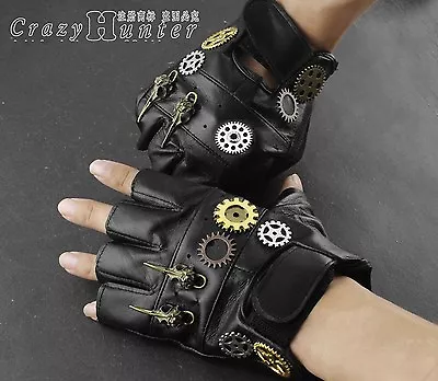 Men/Lady Steampunk Gloves Gothic Cosplay Vintage Real Leather Fingerless Gloves • $18