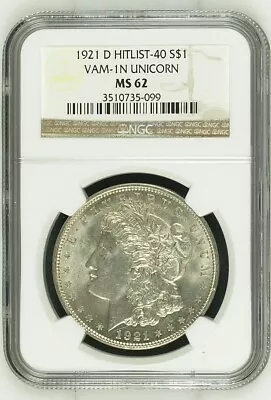 1921 D Morgan Silver Dollar Hitlist 40 Vam1N Unicorn MS62 • $25