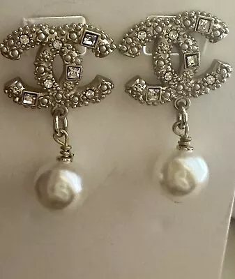 Chanel Earrings “CC” Logo Dangling Pearl & Crystals • $239
