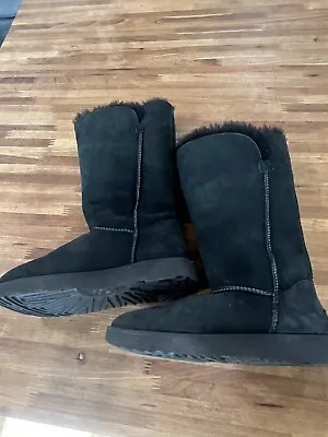 Sz 7.5  UGG Classic Cuff Tall II Black Suede Sheepskin Boots Womens 1016420 • $50