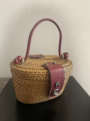 VTG ETIENNE AIGNER Handbag Leather Straw Wicker Basket Fishing Handmade Woven  • $40