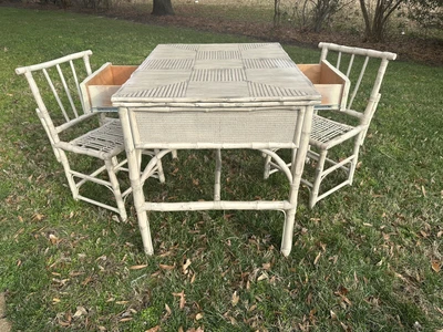 $595 • Buy Vintage Bamboo Twig Rattan Parquet Dining Table OR Partners Desk Chairs