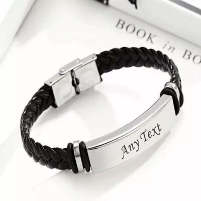 Personalised Stainless Steel Leather Bracelet Bangle Custom Name Gift For Mens • £4.07