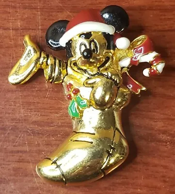 Holiday Brooch Pin Disney Mickey Mouse Stocking Napier Goldtone Candy Cane Holly • $29