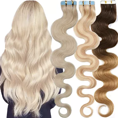 Wavy Seamless Tape In 100% Real Remy Human Hair Extensions Skin Weft Body Wave • $26.58