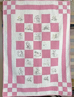 Vintage Hand Stitched Hand Quilted Embroidered Pink Baby/Child Quilt • $29.49