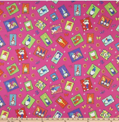 Fabric Gnome Garden Flowers Butterfly Pink Cotton Fabric By Yd Free Ship • £11.56