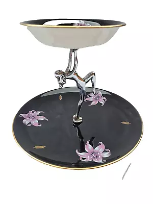 Naked Lady Pallisy  Orchid  Two Tier Cake Stand Royal Worcester Black Gold Pink • £28