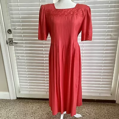 Vintage Sarah Elizabeth Red Embroidered Modest Maxi Dress Size 14 Victorian Goth • $25.20