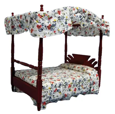 DOLLS HOUSE 1/12th FOUR POSTER BED IN MAHOGANY WOOD WITH FLORAL MATTRESS • $18.48