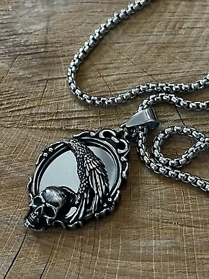 Stainless Steel Gothic/biker/punk Skull Head With Crow Mirror Men Necklace • £13