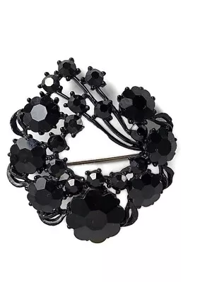 Vintage WEISS Black Rhinestone Circular Spray Wreath Brooch Signed • $25