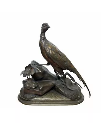 Jules Moigniez Bronze Pheasant Bird Amongst Lily Pads & Rocks Sculpture 12.5” • $800