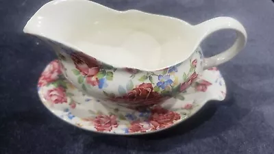 Vintage English Royal Winton Victoria Rose Gravy Boat On Liner Plate • $65