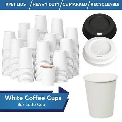 Disposable Coffee Cups White Paper Coffee Cups For Hot Drinks With Reusable Lids • £6.49