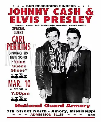 Elvis Presley Johnny Cash Carl Perkins  Concert  Poster Amory Mississippi 1956 • $8.48