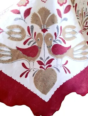 Vintage Tablecloth - Friendship Folk Art - Birds Flowers - AMERICANA Primitives • $31.45
