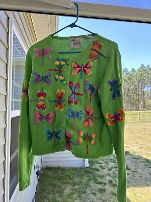 VTG Michael Simon NY Size Med 1998 Green Dragonfly Beaded Sweater • $45