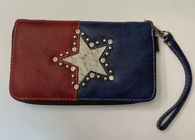 P&G Red White Blue Wallet Cowhide Star Patriotic Wristlet Leather Western Zip • $18.95