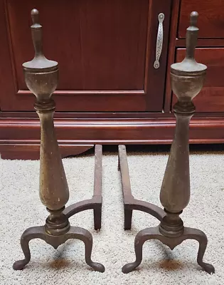 Vintage Brass & Cast Iron Fireplace Andirons 19 3/4  Tall • $40