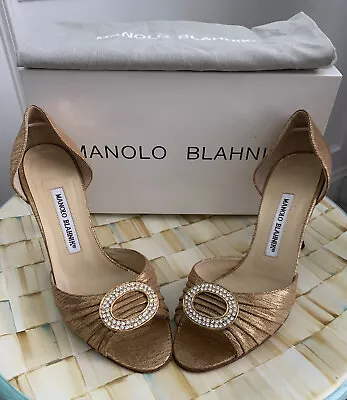 MANOLO BLAHNIK Sedaraby Gold Leather Rhinestone Detail Heels 37.5 WORN ONCE • $275