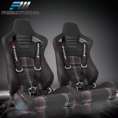 Adjust Universal Racing Seat PU &Carbon Red Plaid &Dual Slider& Cam-lock Belt X2 • $405.99