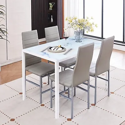 4x Grey Faux Leather Dining Chairs White Marble Tempered Glass Dining Table Set • £159.99