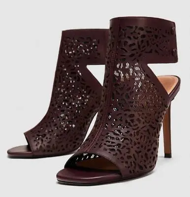 Zara Burgundy Leather Laser Cut Out Heels Sandals Size 7.5 • $49