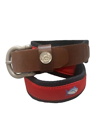 Southern Tide Men's Size 32 Red Ribbon Belt Fish Leather Canvas Brown Silver • $28