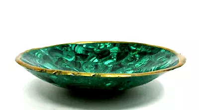 Vintage Green Malachite Gemstone 6  Trinket Jewelry Dish Bowl Fluted Brass Rim • $79.99