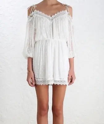 Zimmermann 1 / AU 10 / US 6 Realm Scallop Lace Off The Shoulder Playsuit White • $95