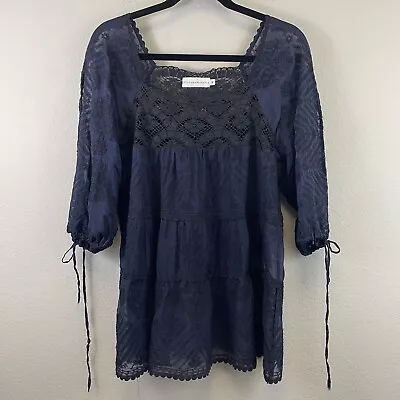 Johnny Was 4 Love And Liberty Embroidered Silk Bohemian Sheer Tunic Blue Size M • $50