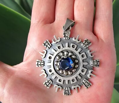 Sterling Silver Blue Pendant Mayan Aztec Design Mexican Iguala Mexico Signed 925 • $47.99