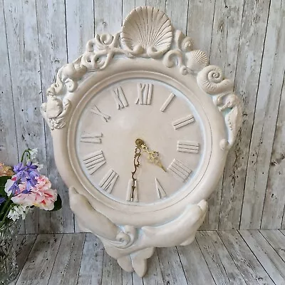 Large Wall Clock Nautical Coastal Sealife Carved Hand Cast Quartz Roman Numerals • £38.99