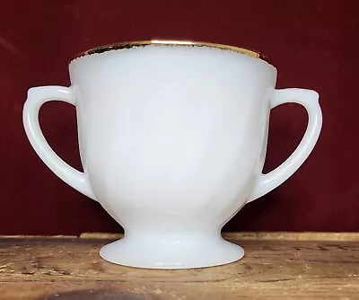 Vintage Fire King Swirl White Milk Glass Open Sugar Bowl Double Handles Gold Rim • $7.95