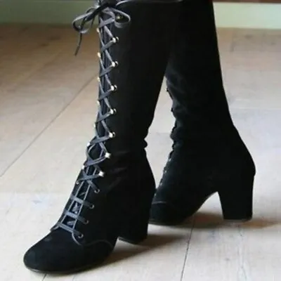 Ladies Wide Calf Riding Shoes Women Flat Lace Up Low Heels Knee High Boots Size • $67.52