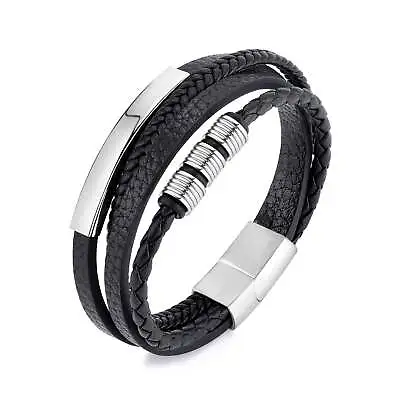 Men's Steel Genuine Black Leather Double Braided Bracelet • £12.99