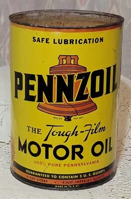 Vintage PENNZOIL 5 Quart Oil Can Tough Film Pennsylvania Five Qt Tin Can • $70