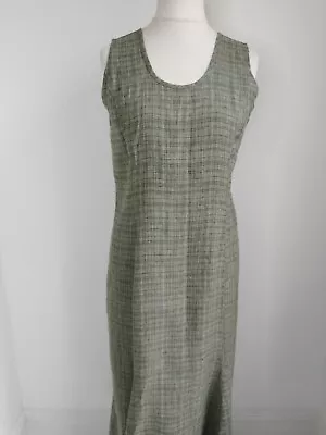 FLAX Dress Maxi Linen Shift Green Check Lagenlook Size Small 40  Chest UK 14/16 • £19