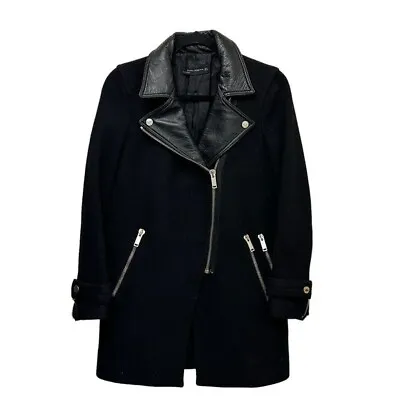 Zara Women's S Moto Pea Coat Wool Lambskin Leather Trim Black Classic Edgy • $46.73