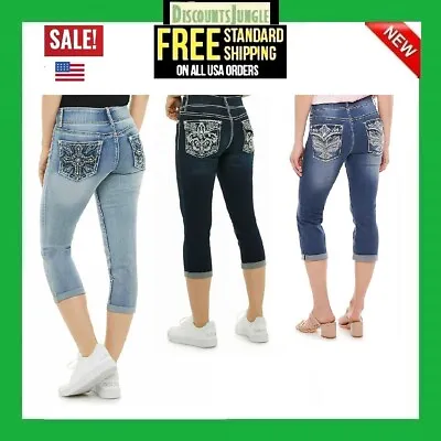 Apt.9 Women’s Rhinestone Tummy-Control Mid Rise Capris Cropped Blue Denim Jeans • $19.99