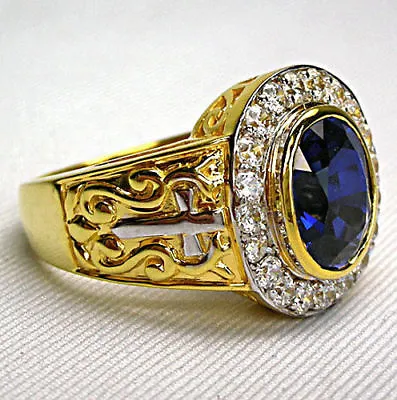 $247 • Buy Diamond Sapphire 14k Yellow Gold Sterling Silver Christian Bishop Ring Mens New